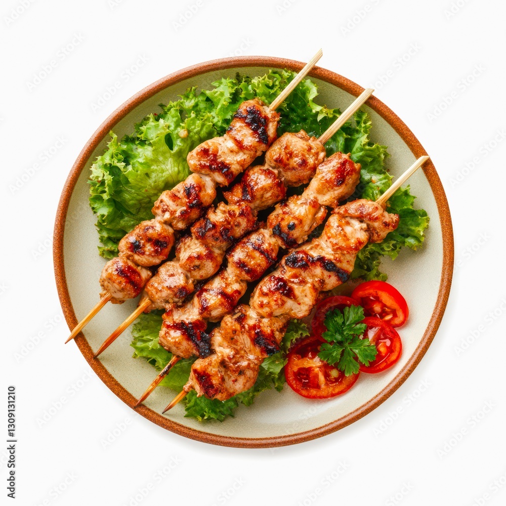 Fototapeta premium Plate of shish kebab on skewers isolated on white background, top view.