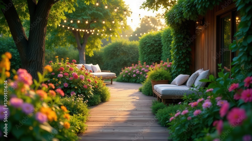 Serene Garden Path at Sunset with Comfortable Outdoor Seating and Vibrant Floral Displays Serene Garden Path at Sunset with Comfortable Outdoor Seating and Vibrant Floral Displays