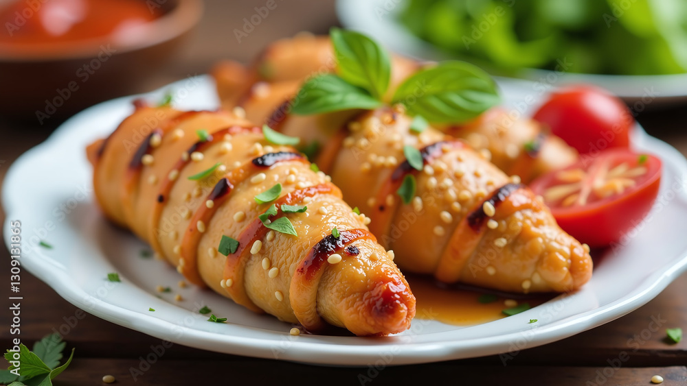 grilled chicken wrapped tender sesame seed coated snack often served parties gatherings grilled chicken wrapped tender sesame seed coated snack often served parties gatherings