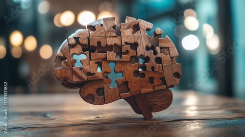 Wooden brain puzzle on a table. Wooden puzzle with a wooden brain. Generative ai blocks logical thinking. A brain teaser made of wood sitting on lifestyle a table.