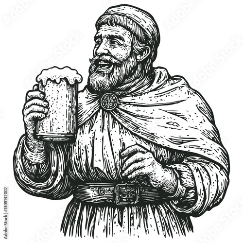 Vector illustration of a jovial medieval monk or friar in black and white engraving style. The bearded figure wears traditional robes and a cap while cheerfully holding up a foaming mug of beer 