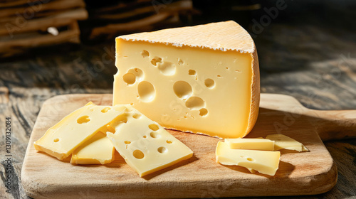 Delicious swiss cheese with emmental holes on wooden cutting board