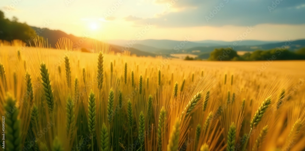 Fototapeta premium Golden Hour in a Wheat Field, bathed in the warm glow of the setting sun, exhibiting the beauty of nature's bounty and the promise of harvest.