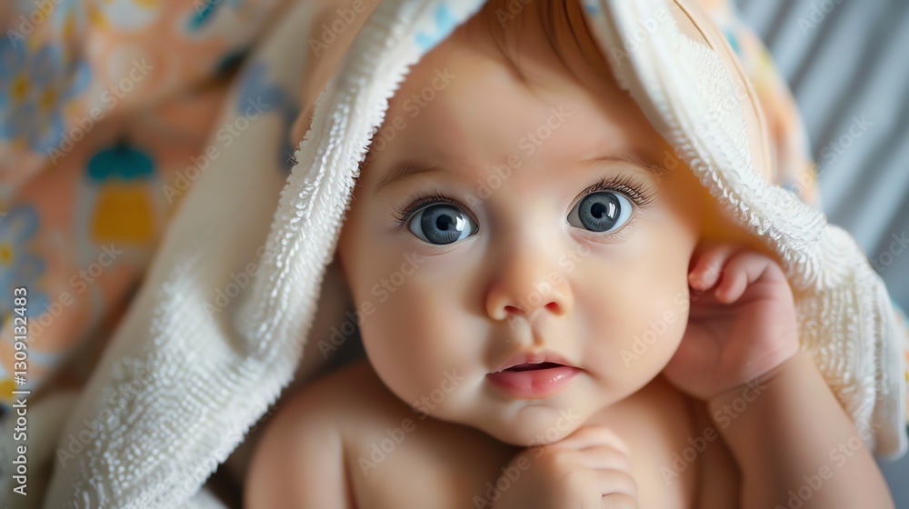 A close-up portrait of a baby with big, bright blue eyes, looking directly at the camera with a curious expression. A close-up portrait of a baby with big, bright blue eyes, looking directly at the camera with a curious expression.