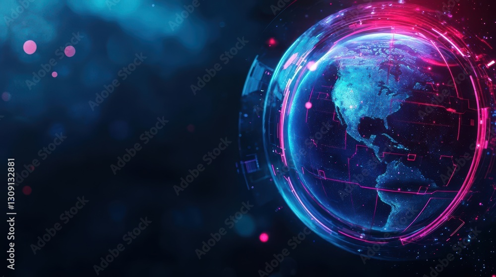 Obraz premium Vibrant Neon Globe Illuminated in Blue and Pink Hues Set Against a Dark Backdrop Evoking a Sense of Modernity and Global Connectivity in Digital Art