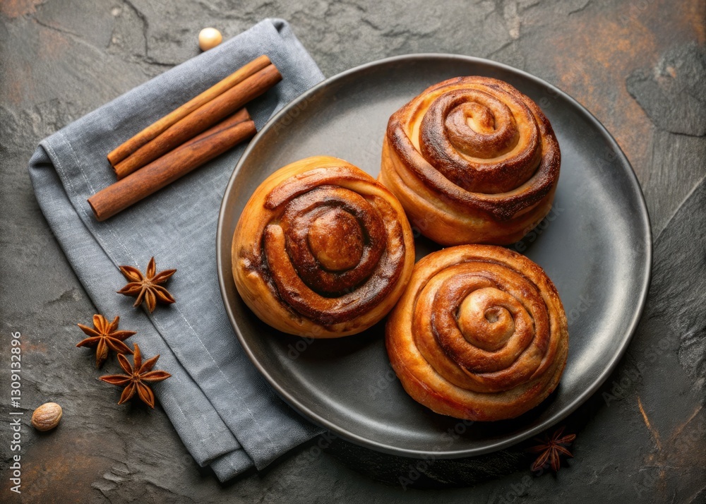 Sweet cinnamon buns, a top-down view, artfully arranged on a gray plate. Sweet cinnamon buns, a top-down view, artfully arranged on a gray plate.