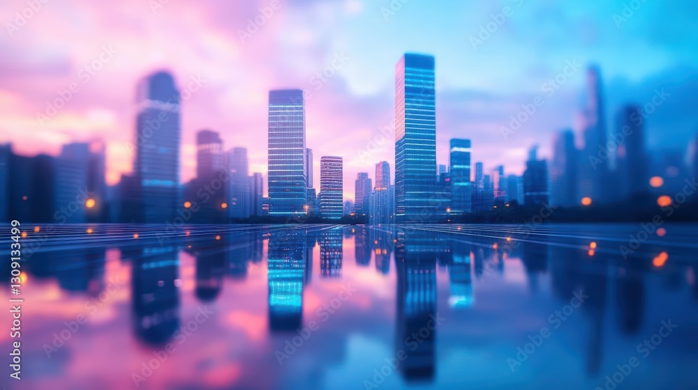 Vibrant City Skyline at Dusk with Towering Skyscrapers and Illuminated Buildings Set Against a Deep Blue Sky Creating a Dynamic Urban Atmosphere Vibrant City Skyline at Dusk with Towering Skyscrapers and Illuminated Buildings Set Against a Deep Blue Sky Creating a Dynamic Urban Atmosphere