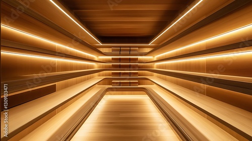 Empty wooden sauna room with illuminated shelves and benches