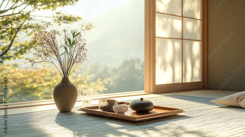 Fototapeta premium Serene Japanese Tea Ceremony Minimalist Home Decor Peaceful Tranquil Setting Natural Light Soft Sunlight Zen Garden Aesthetic Wooden Tray Teapot Cups 