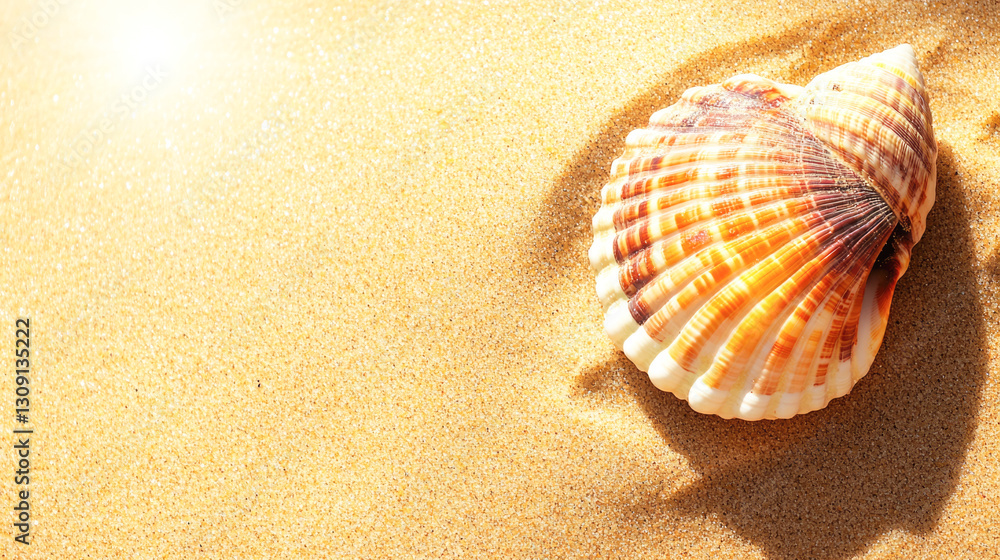 Beautiful seashell on golden sandy beach with sunlight Beautiful seashell on golden sandy beach with sunlight