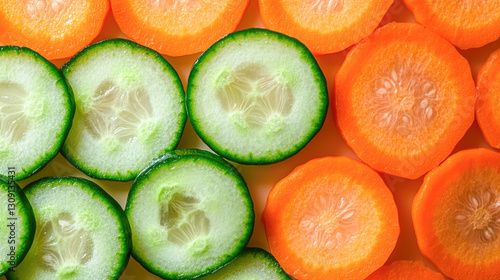 Fresh sliced cucumbers and carrots - vibrant vegetable arrangement photo