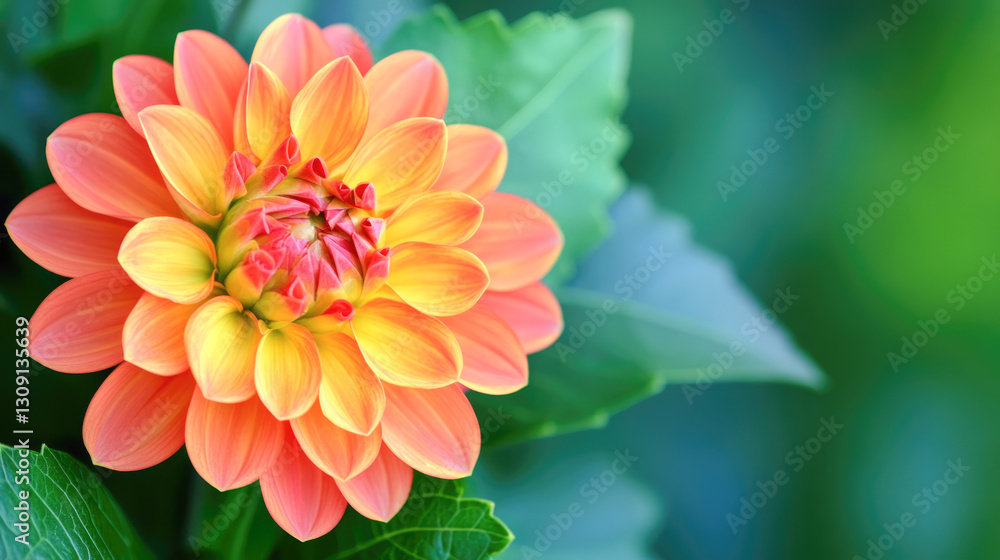Obraz premium Vibrant orange and yellow dahlia flower blooming in garden