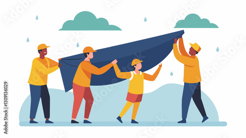 Workers holding up a large tarpaulin sheet together protecting their colleagues and materials from adverse weather conditions while showcasing their. Vector illustration