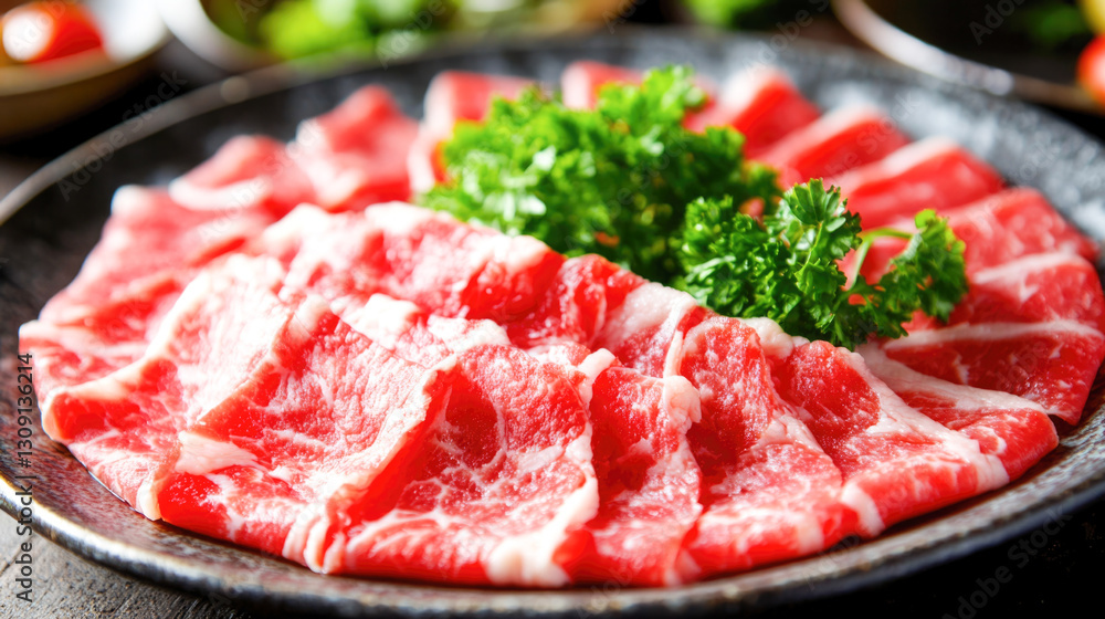 Fresh slices of marbled beef garnished with parsley on a black plate Fresh slices of marbled beef garnished with parsley on a black plate
