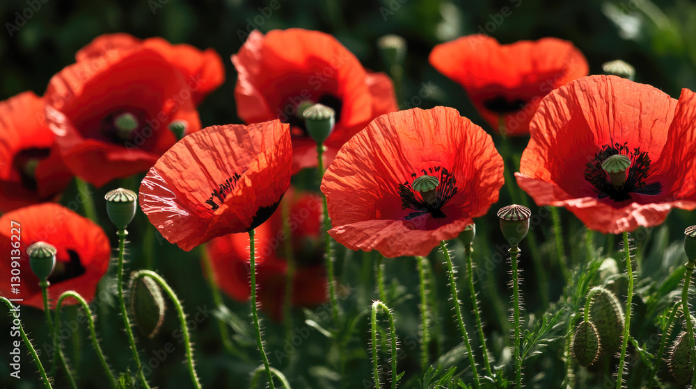 Fototapeta premium Vibrant red poppies blooming in a sunlit garden