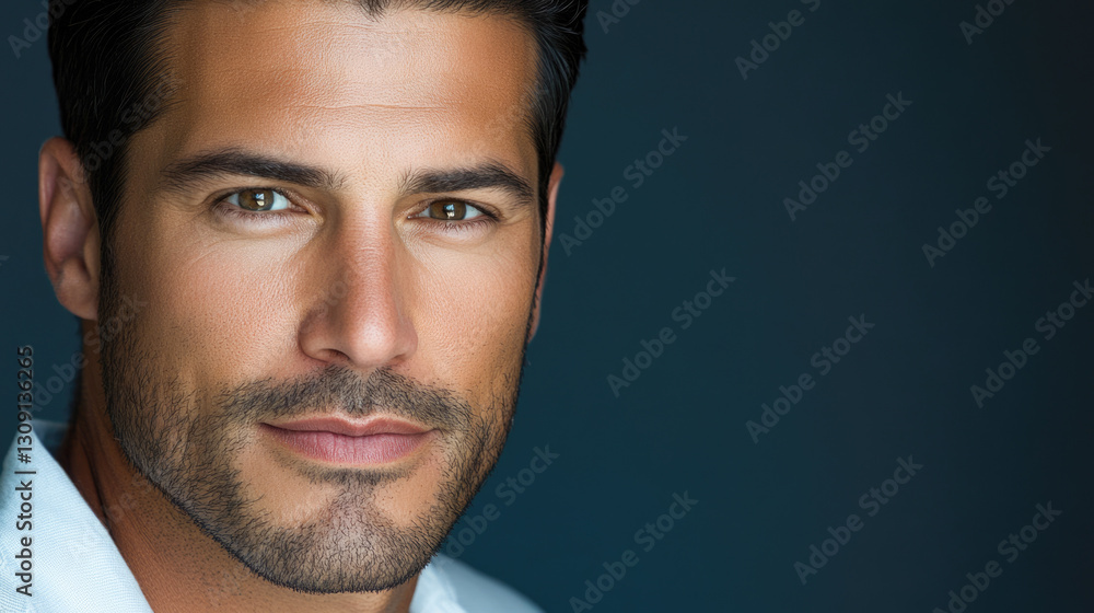 Obraz premium Portrait of young caucasian male with short dark hair and beard against dark background