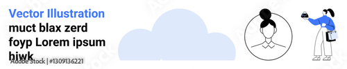 Cloud graphic paired with a user avatar outline and a person in motion holding devices. Ideal for technology, digital services, cloud computing, online storage, connectivity, user interface, and flat