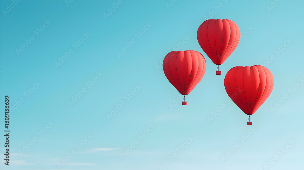 Three Red Hot Air Balloons Soaring Against Clear Bright Blue Sky Three Red Hot Air Balloons Soaring Against Clear Bright Blue Sky