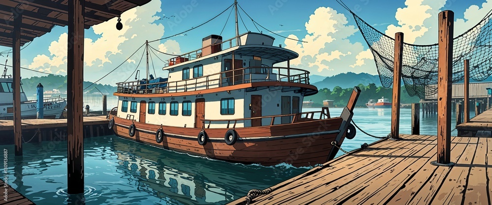 Obraz premium anime Riverboat docked at a wooden pier with fishing nets hanging nearby background retro cartoon illustration