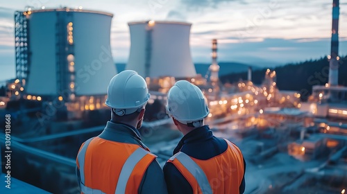 A nuclear power plant with engineers in the foreground and a blurred, wide background view.