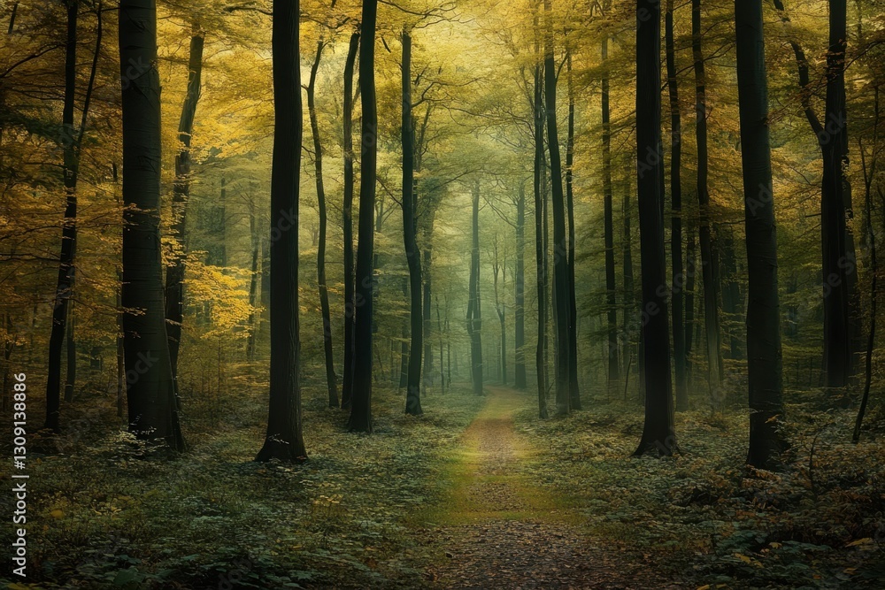 Fototapeta premium Mystical forest pathway surrounded by tall trees on a foggy day in autumn
