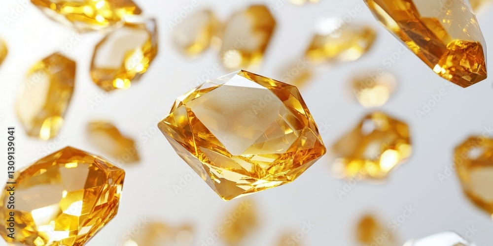 Floating citrine gemstones with a warm golden glow on a bright white background Floating citrine gemstones with a warm golden glow on a bright white background