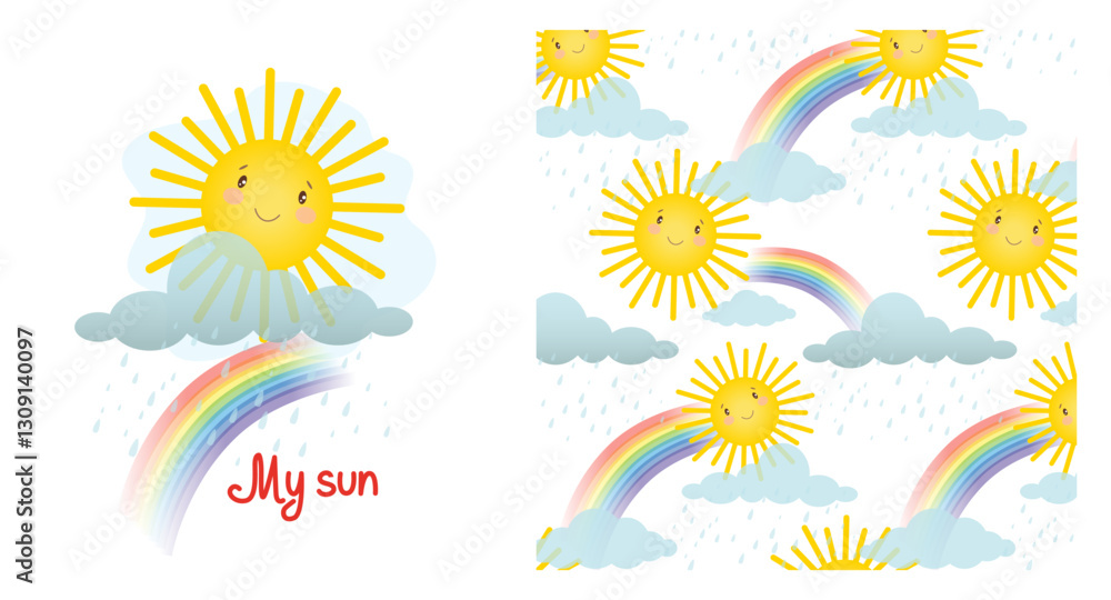 Obraz premium Baby pattern with bright cute sun and rainbow, cloud and rain, baby shower greeting card. Seamless background with weather, cute vector texture for baby bedding, fabric, wallpaper, wrapping paper, tex