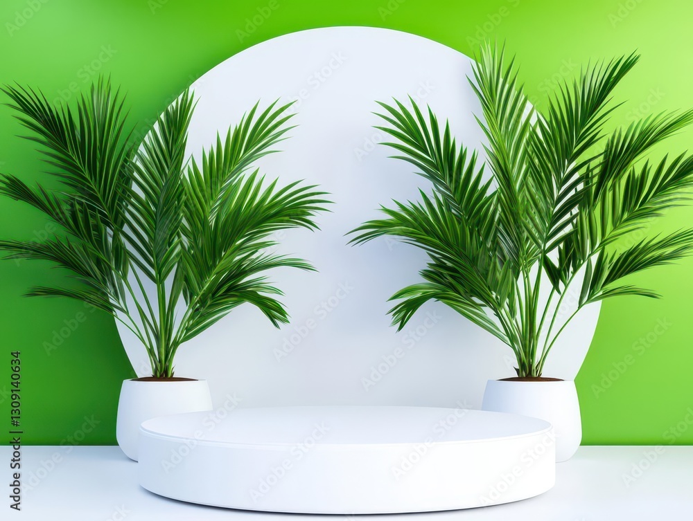 3D render of a white podium with palm trees and a circular background for a product presentation mockup, a summer design template