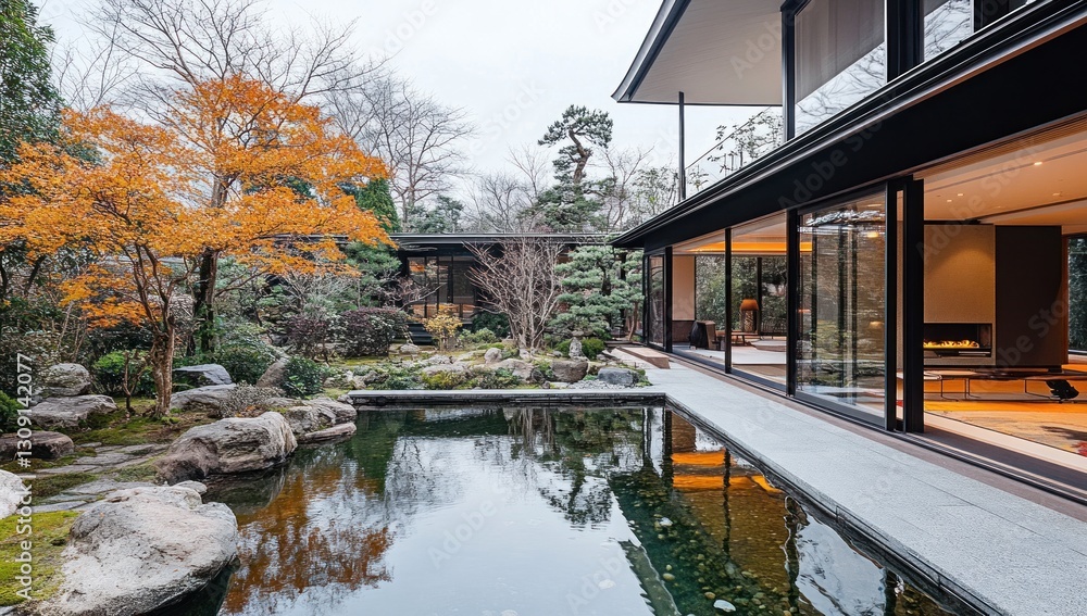 Obraz premium Modern Japanese style house with a zen garden, featuring a tranquil pool reflecting the surrounding trees and architecture.