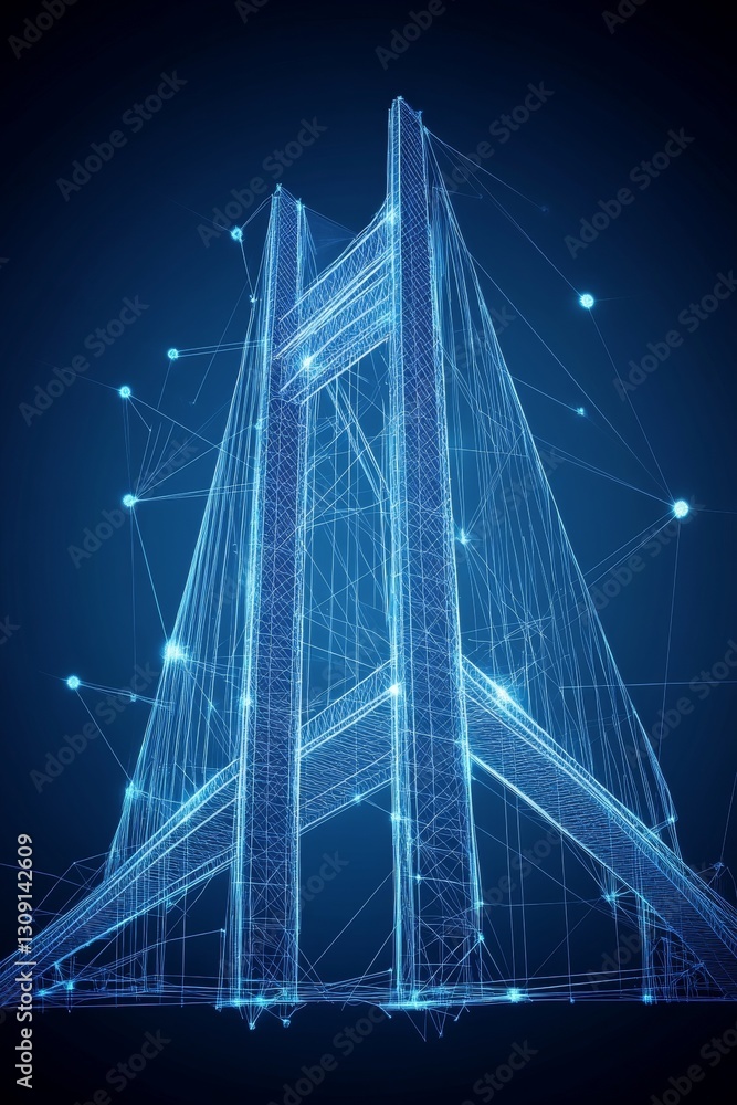 Fototapeta premium Abstract Suspension Bridge, A Futuristic Network of Lines, Dots, and Triangles on Blue
