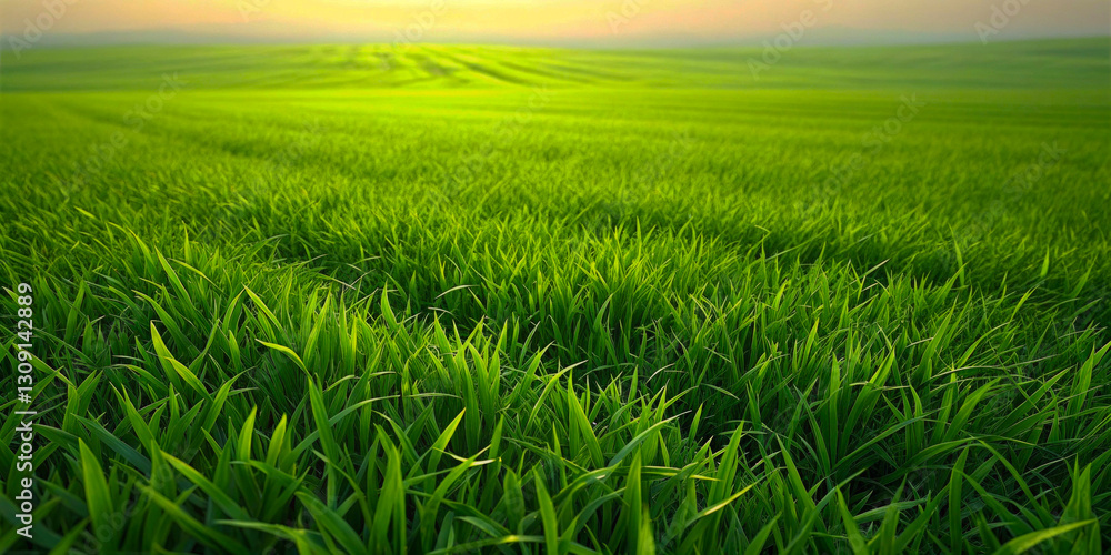 Obraz premium Wide view of a dense green field of young grass going into an endless perspective. The bright fresh green leaves of the grass fill the entire foreground, creating a feeling of purity, nature and fresh