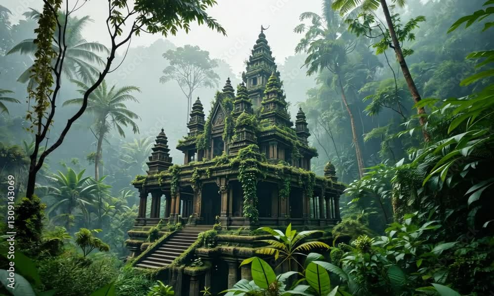 Ancient temple hidden deep within the lush green jungle surrounded by ...