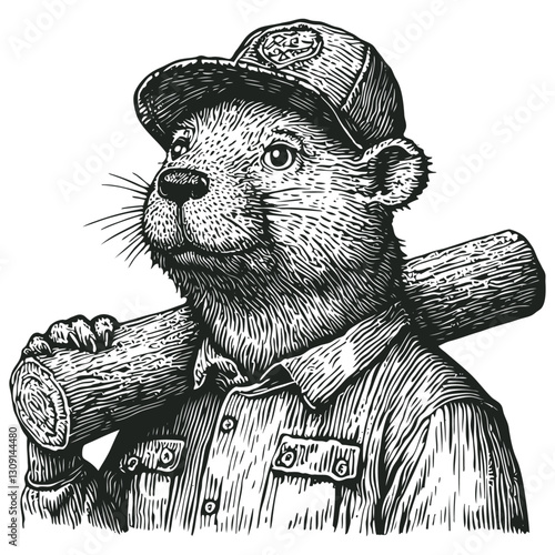 Vector illustration of an anthropomorphic beaver wearing a cap and work shirt with a wooden log over shoulder in detailed black and white engraving style. traditional woodsman or lumberjack appearance