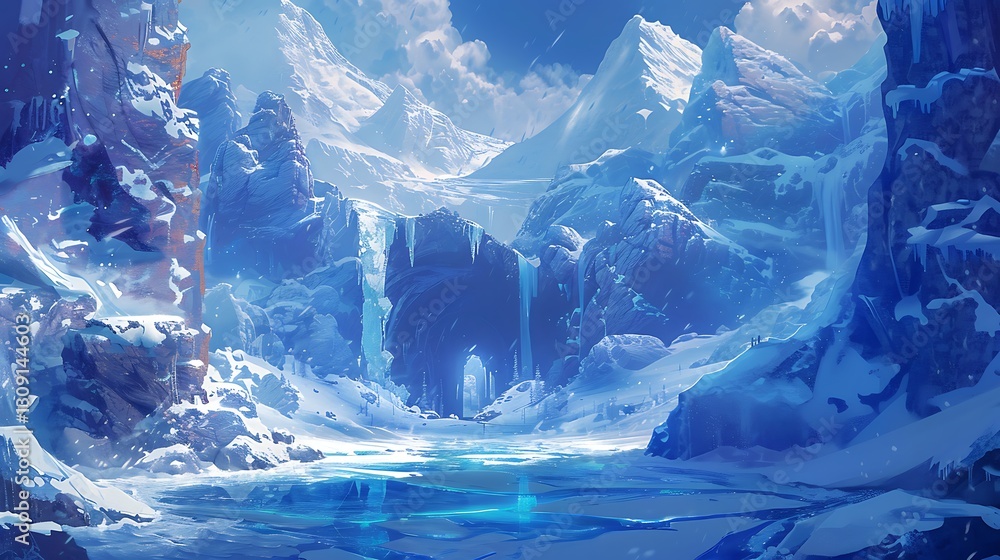 Obraz premium A crystal-blue glacier with shimmering ice caves and frozen waterfalls