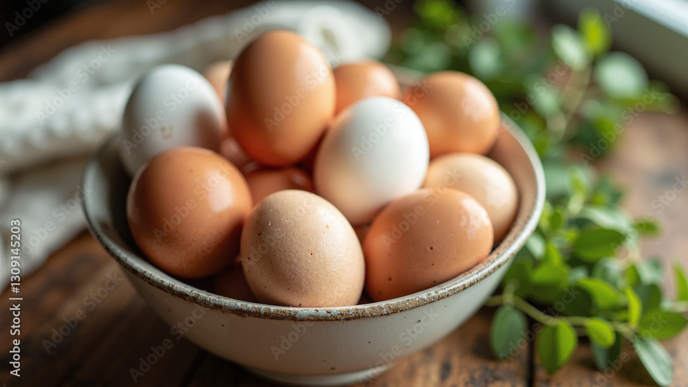 Fresh Organic Chicken Eggs in Ceramic Bowl on Rustic Wooden Table - Perfect for Farm-to-Table Recipes, Easter Marketing, or Culinary Blogs Fresh Organic Chicken Eggs in Ceramic Bowl on Rustic Wooden Table - Perfect for Farm-to-Table Recipes, Easter Marketing, or Culinary Blogs