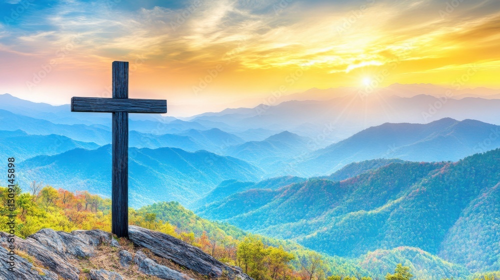 Sunrise over mountain cross nature landscape spiritual serenity Sunrise over mountain cross nature landscape spiritual serenity