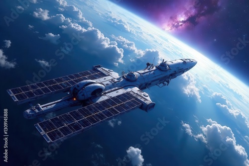 Wallpaper Mural A futuristic spacecraft with expansive solar panels glides gracefully above a vibrant, cloud-covered planet, bathed in the ethereal glow of a distant nebula. Torontodigital.ca