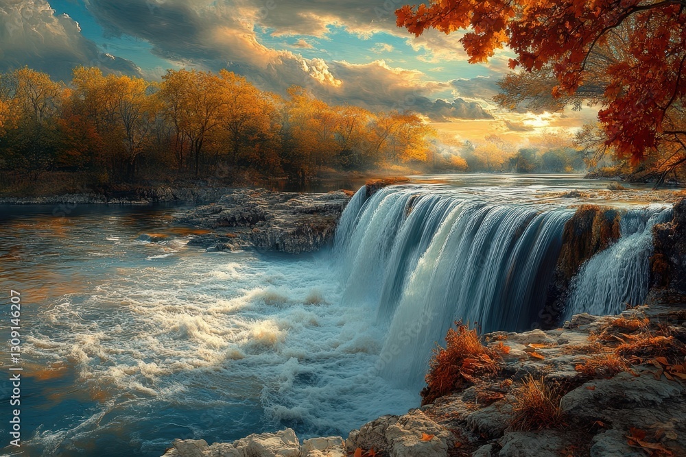 Fototapeta premium Beautiful waterfall cascading over rocks in a vibrant autumn landscape at sunset