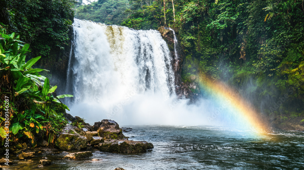 Fototapeta premium Majestic waterfall with vibrant rainbow in lush tropical forest
