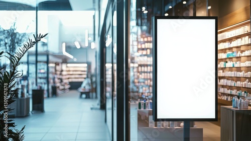 Blank white banner hangs on pharmacy store window. Store interior is visible through the glass. Possible advertisement or promotion. Location is likely a local pharmacy or cosmetics store.