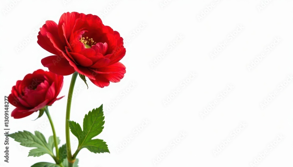 Vibrant red ranunculus blossoms isolated on pure white , photography, white Vibrant red ranunculus blossoms isolated on pure white , photography, white
