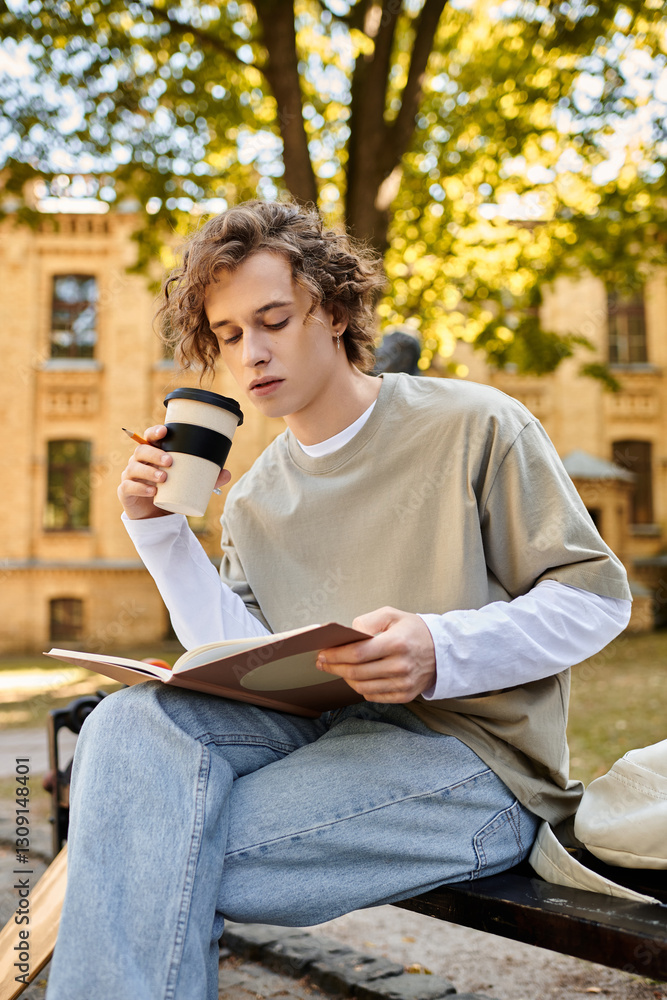 Young stylish man reads book outdoors while enjoying coffee in a university courtyard Young stylish man reads book outdoors while enjoying coffee in a university courtyard