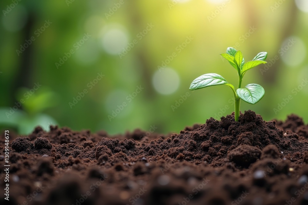 New plant emerges from rich soil in sunlight New plant emerges from rich soil in sunlight