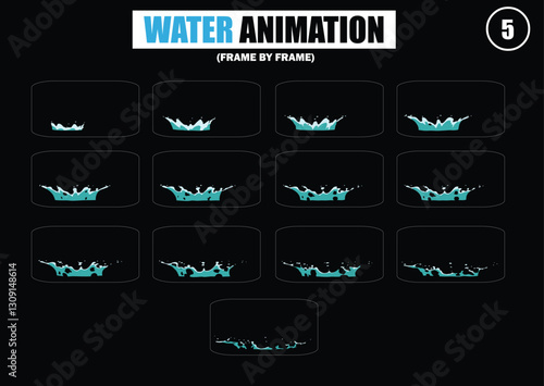 Dripping, waterfall, wave water animation. Cartoon liquid water splashes, clean aqua splatter animation frames flat vector illustration set. Water splash sprite sheet