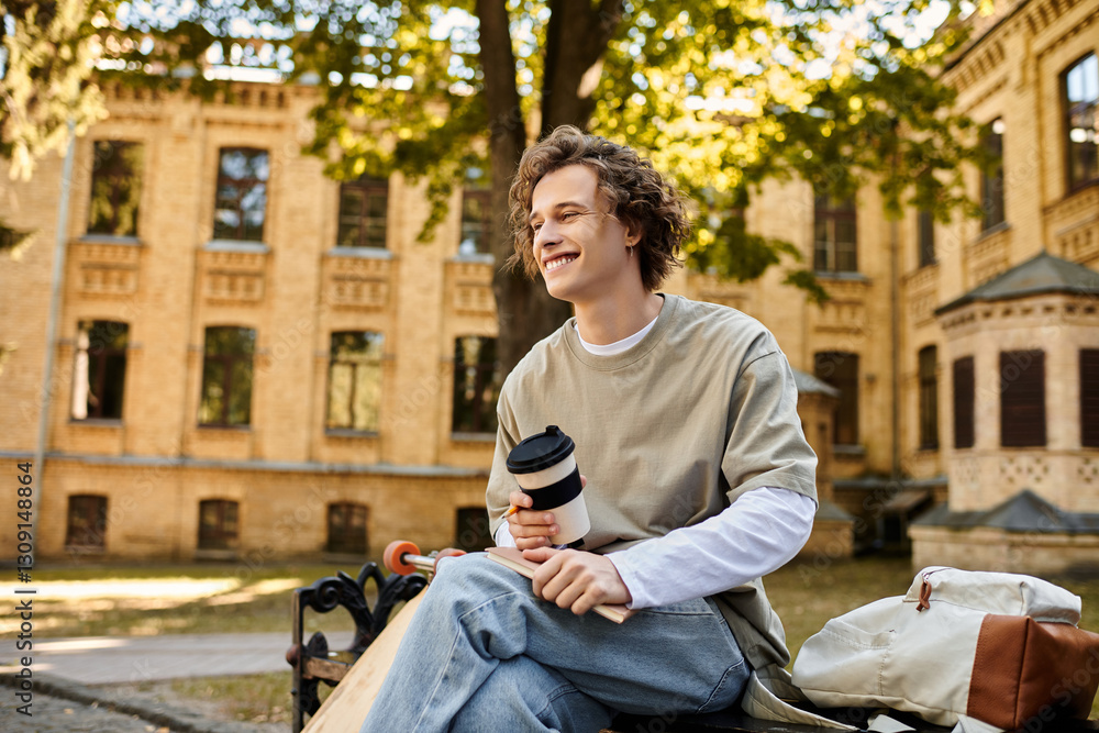 Obraz premium Young stylish man enjoying coffee and sunlight in a lively university courtyard