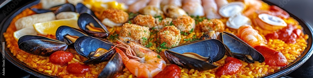 Delicious Traditional Spanish Paella with Mussels, Shrimp, and Seafood, Close-Up View Delicious Traditional Spanish Paella with Mussels, Shrimp, and Seafood, Close-Up View