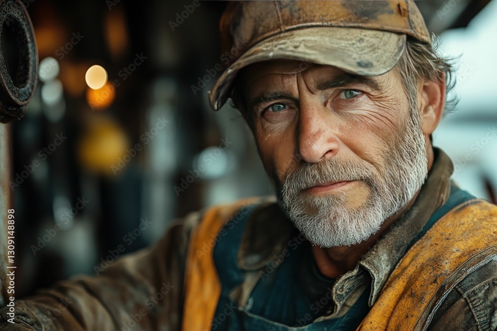 Weathered man, intense gaze, rugged attire. Weathered man, intense gaze, rugged attire.