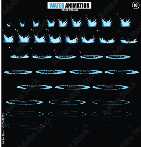 Dripping, waterfall, wave water animation. Cartoon liquid water splashes, clean aqua splatter animation frames flat vector illustration set. Water splash sprite sheet