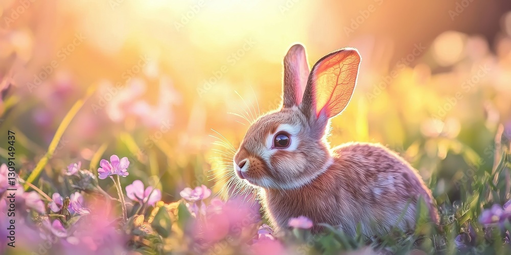 Obraz premium Cute rabbit in a field of flowers, warm pastel bokeh behind