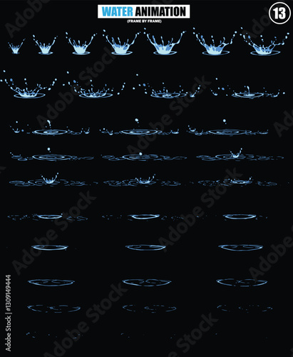 Dripping, waterfall, wave water animation. Cartoon liquid water splashes, clean aqua splatter animation frames flat vector illustration set. Water splash sprite sheet